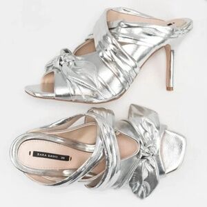 Zara Basic Open Toe Mules Slides Kitten Heels Silver Metallic Womens US 6 NWT